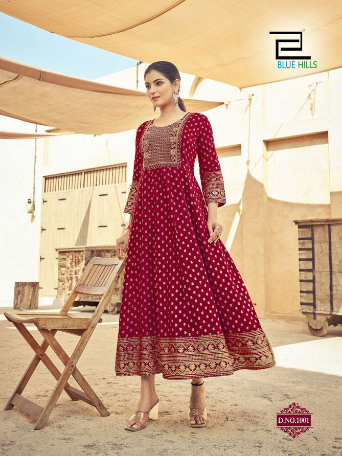 Urvashi By Blue Hills Rayon Embroidered Anarkali Long Kurti Wholesale In India